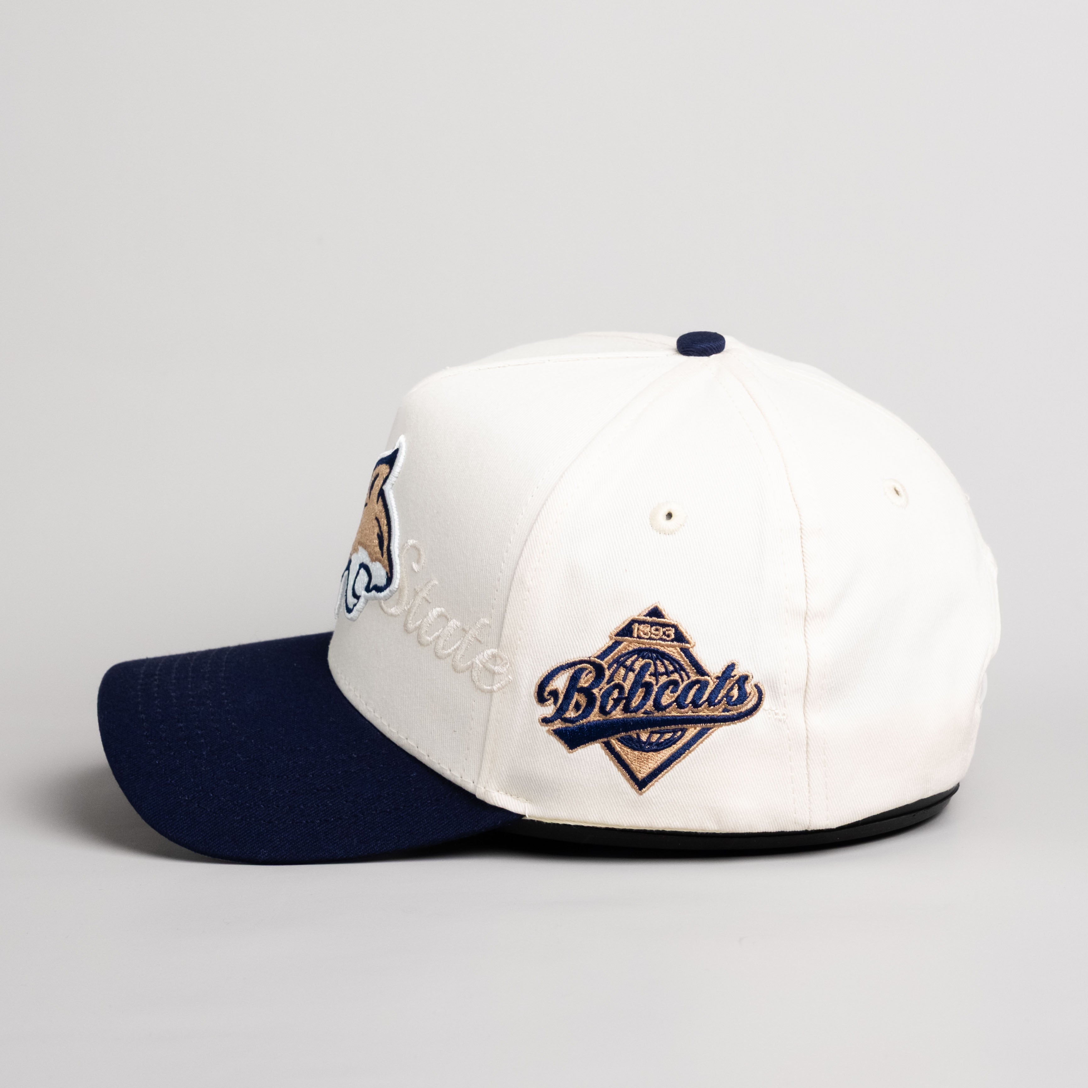 Montana State Bobcats Hat Cream & Navy Blue Script Snapback - Side Patch