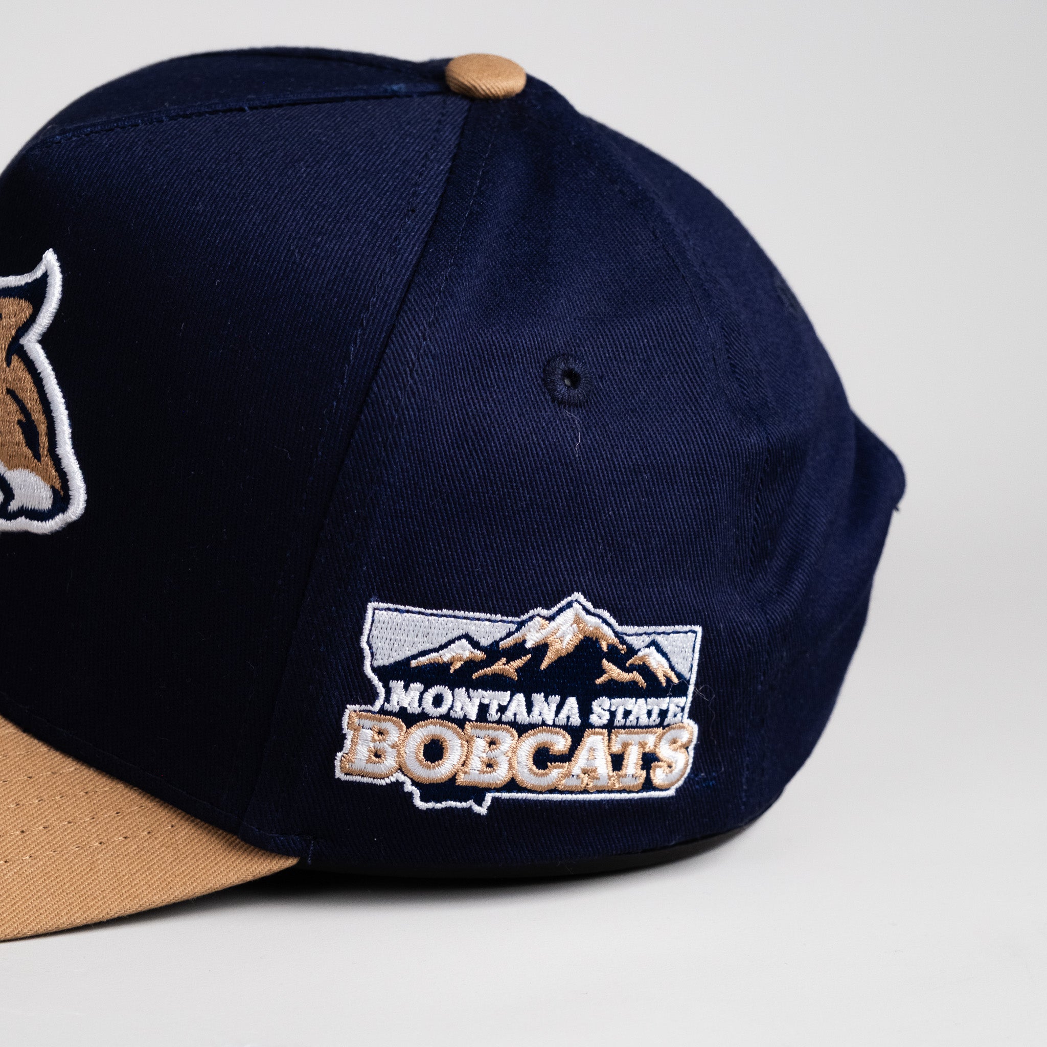 Montana State Bobcats Hat Navy & Beige Mountain Patch Snapback - Side Patch Detail