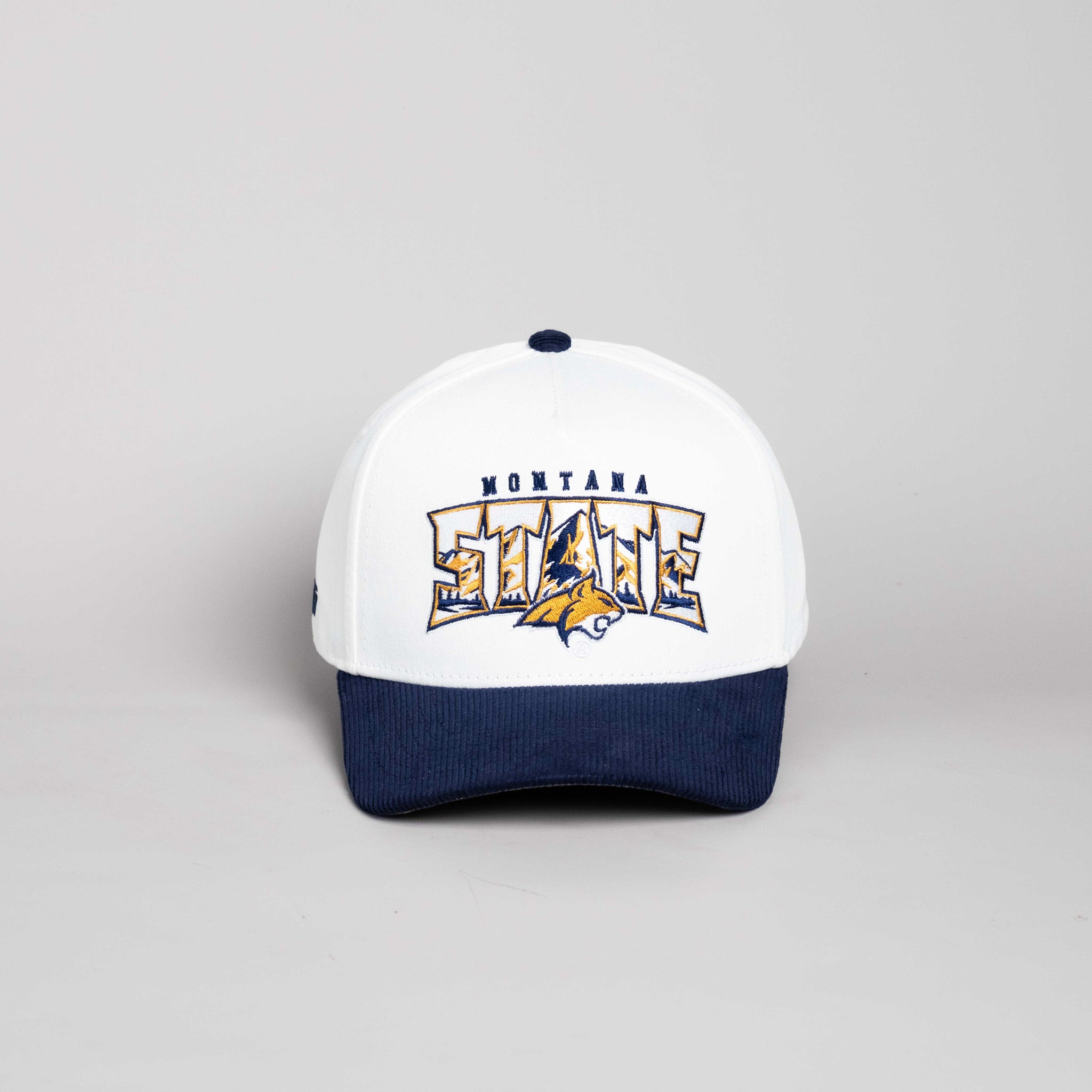 Montana State Bobcats Hat White & Navy Corduroy Mountain Snapback - Front Panel