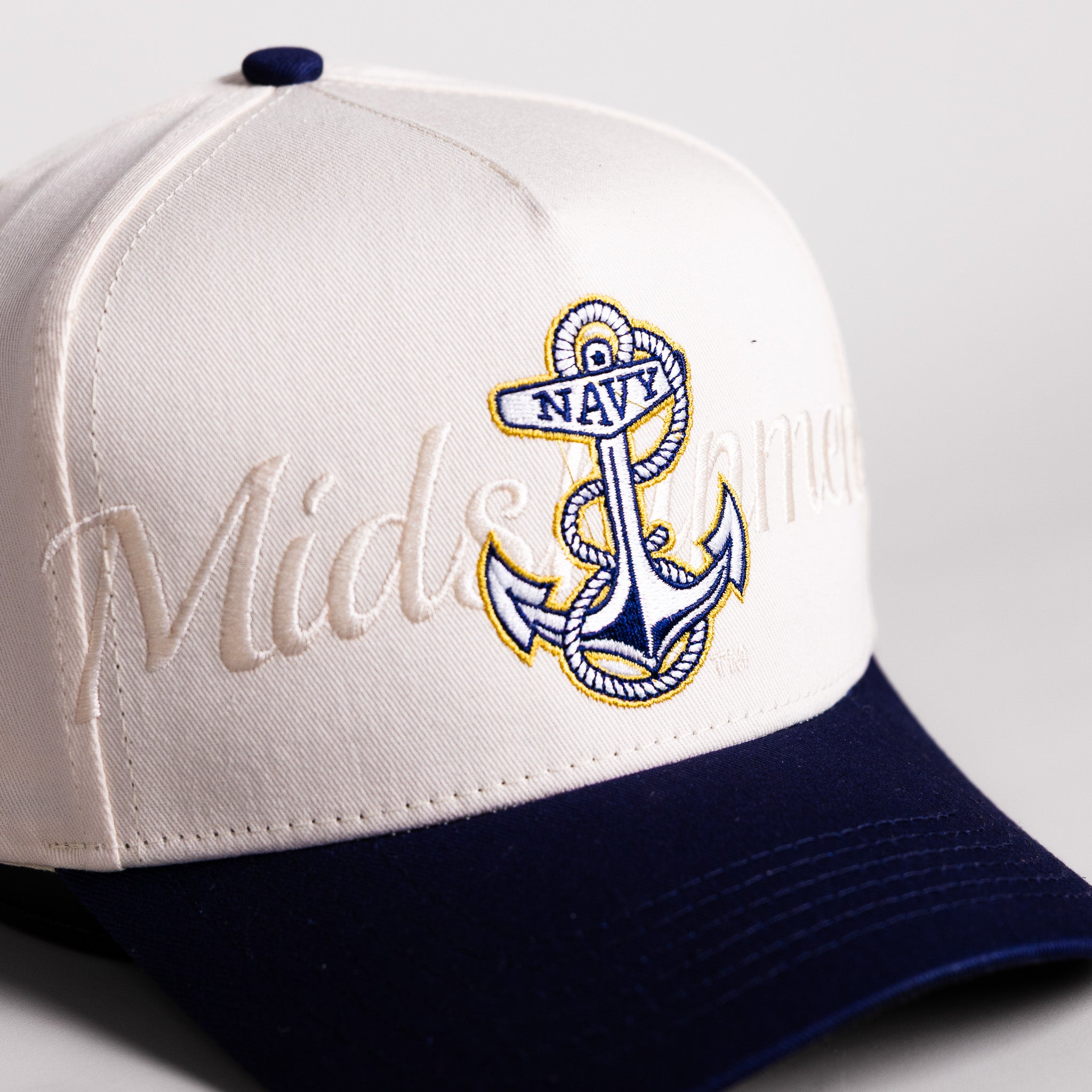 Navy Midshipmen Anchor Hat Cream Cotton Navy Brim Midshipmen Script Snapback - Front Detail