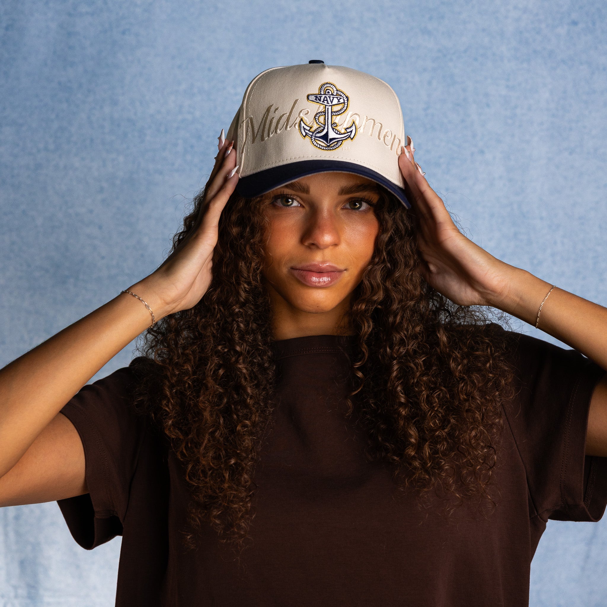 Navy Midshipmen Hat Cream & Navy Stacked Script Snapback - On Model Lifestyle D