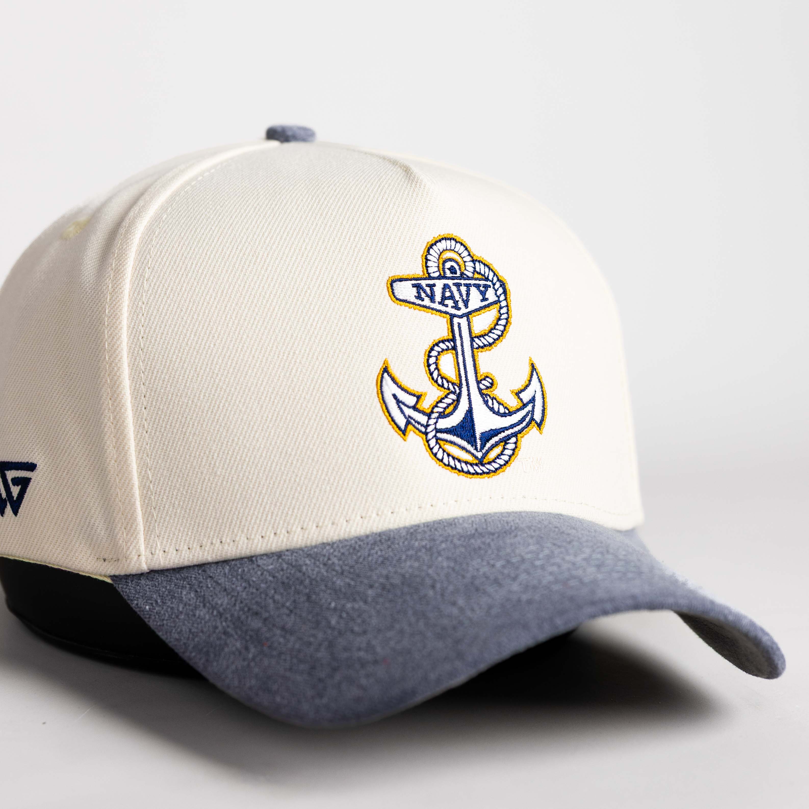 Navy Midshipmen Hat Cream & Navy Sun Fade Snapback - Angled View