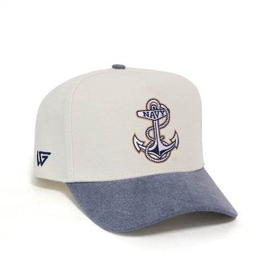 Navy Midshipmen Hat Cream & Navy Sun Fade Snapback - Angled View