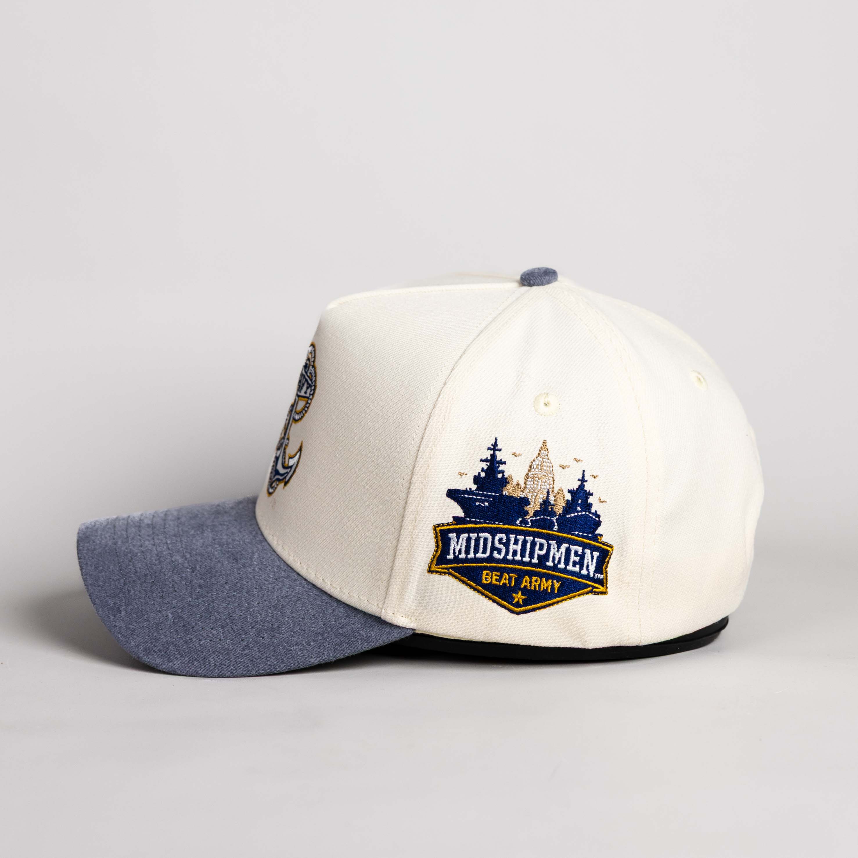 Navy Midshipmen Hat Cream & Navy Sun Fade Snapback - Side Patch