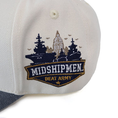 Navy Midshipmen Hat Cream & Navy Sun Fade Snapback - Side Patch Detail