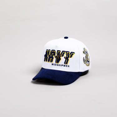 Navy Midshipmen Hat White & Navy Corduroy Stadium Pulse Snapback - Angled View