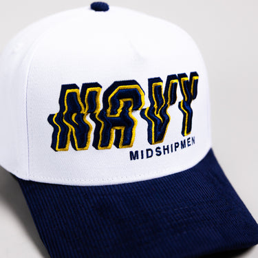 Navy Midshipmen Hat White & Navy Corduroy Stadium Pulse Snapback - Front Detail