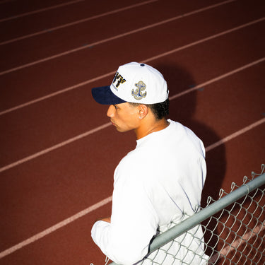 Navy Midshipmen Hat White & Navy Corduroy Stadium Pulse Snapback - On Model Lifestyle