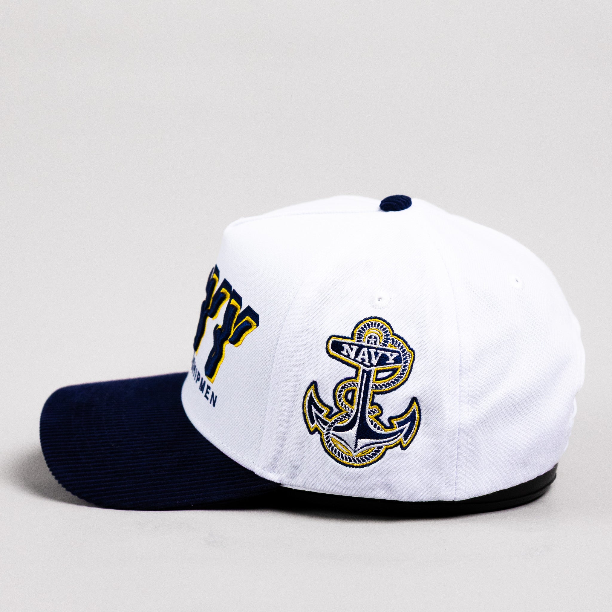Navy Midshipmen Hat White & Navy Corduroy Stadium Pulse Snapback - Side Anchor Patch