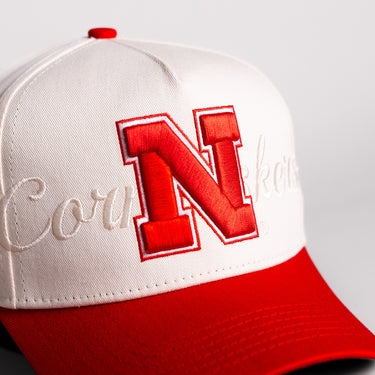 Nebraska Cornhuskers Block N Hat Cream Cotton Red Brim Script Snapback - Front Detail