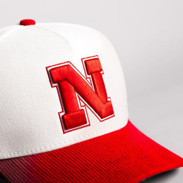 Nebraska Cornhuskers Block N Hat Cream Cotton Red Corduroy Brim Championship Banners Snapback - Front Detail