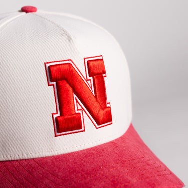 Nebraska Cornhuskers Block N Hat Cream Cotton Red Suede Brim Memorial Stadium Patch Snapback - Front Detail