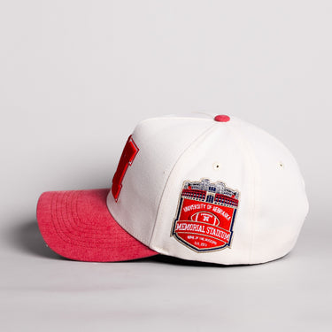 Nebraska Cornhuskers Block N Hat Cream Cotton Red Suede Brim Memorial Stadium Patch Snapback - Side Patch