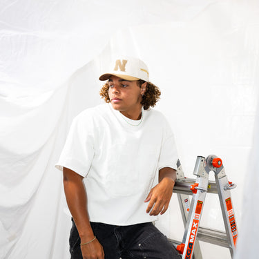 Nebraska Cornhuskers Hat Cream and Tan Jobsite Canvas Snapback - On Model Lifestyle