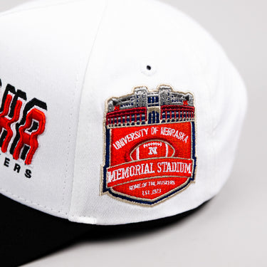 Nebraska Cornhuskers Hat White & Black Corduroy Stadium Pulse Snapback - Memorial Stadium Patch Detail