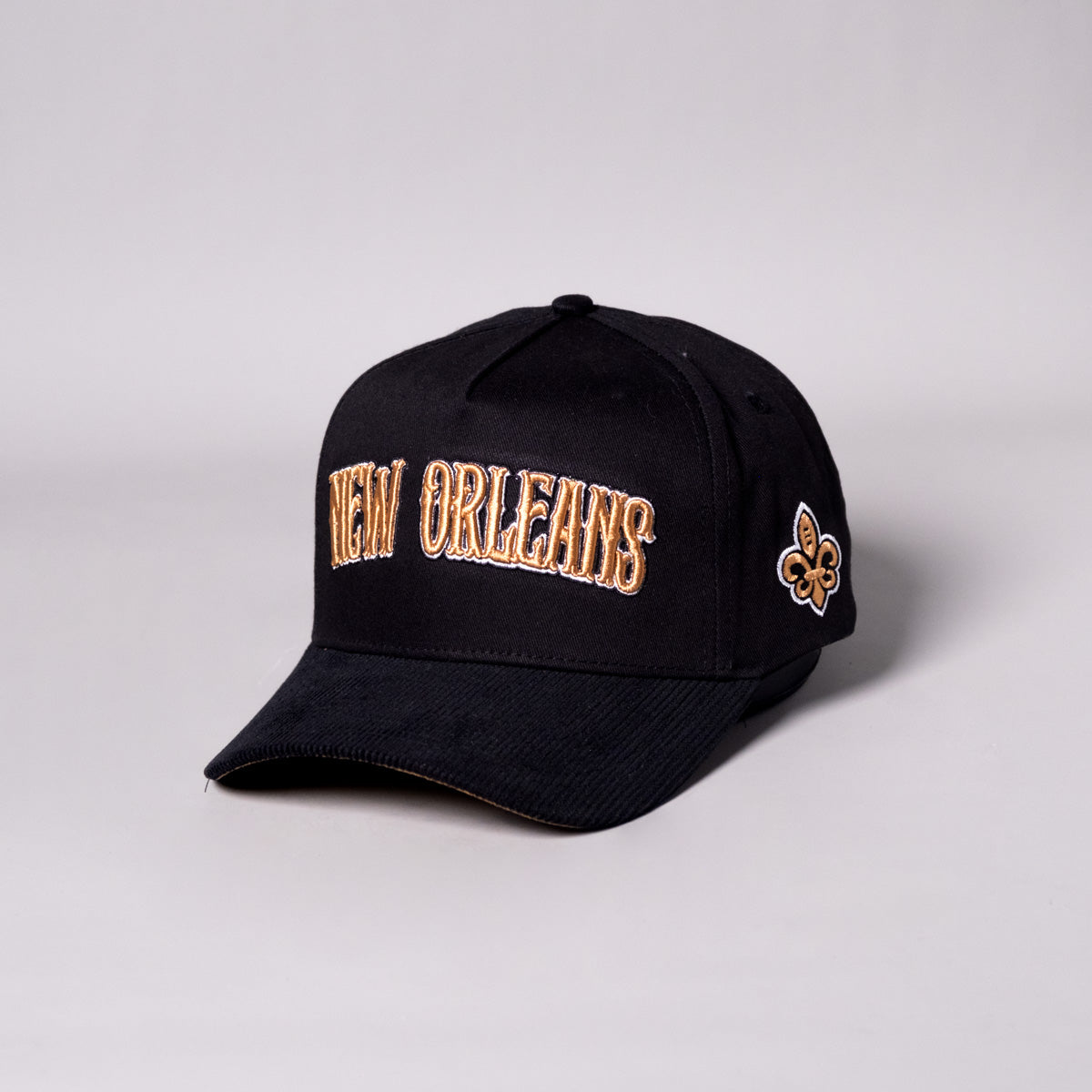 New Orleans City Hat Black Gold Corduroy Snapback - Angled View
