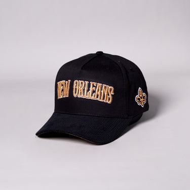 New Orleans City Hat Black Gold Corduroy Snapback - Angled View