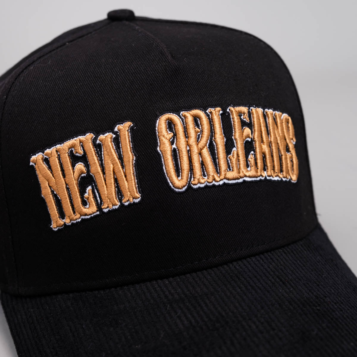 New Orleans City Hat Black Gold Corduroy Snapback - Front Detail