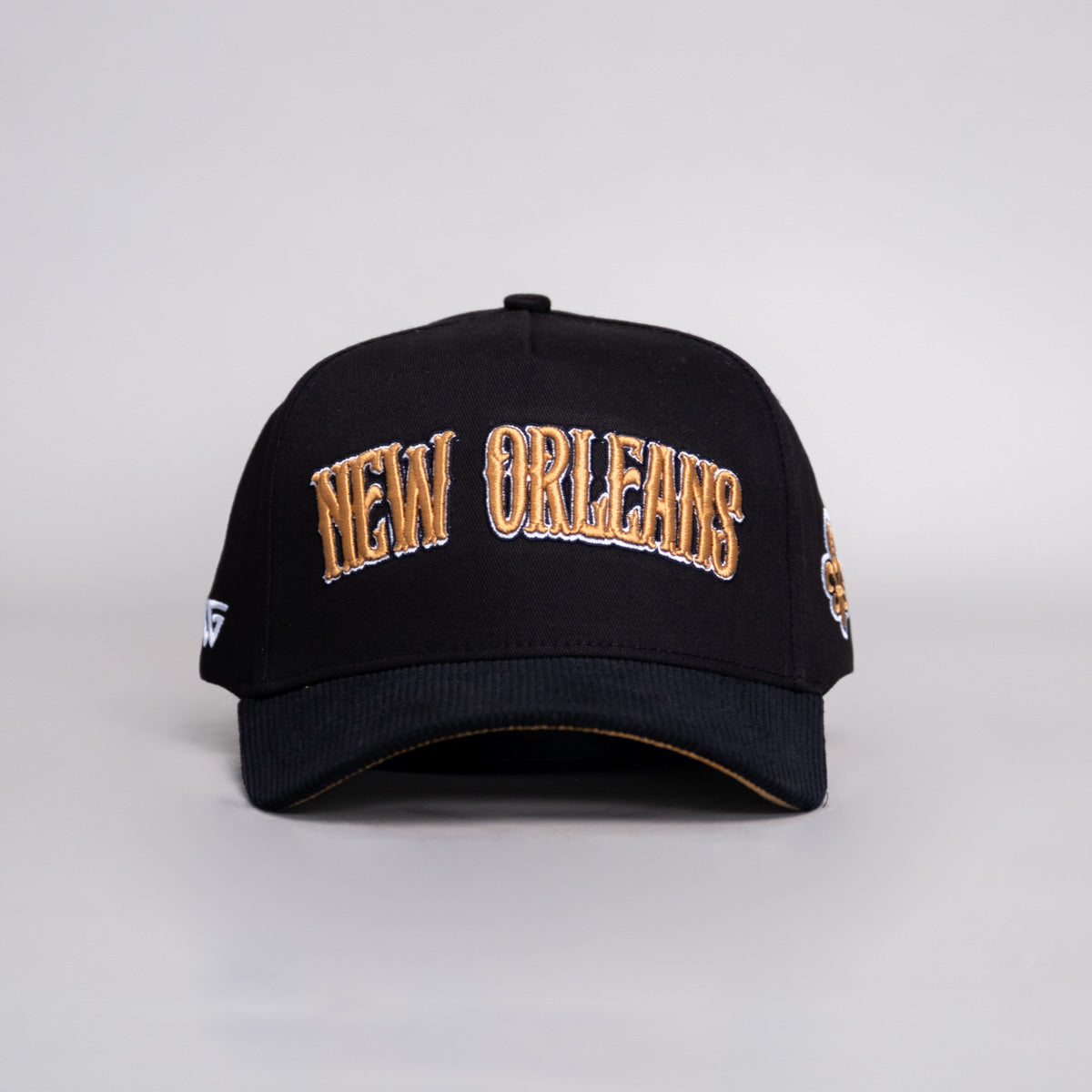 New Orleans City Hat Black Gold Corduroy Snapback - Front Panel