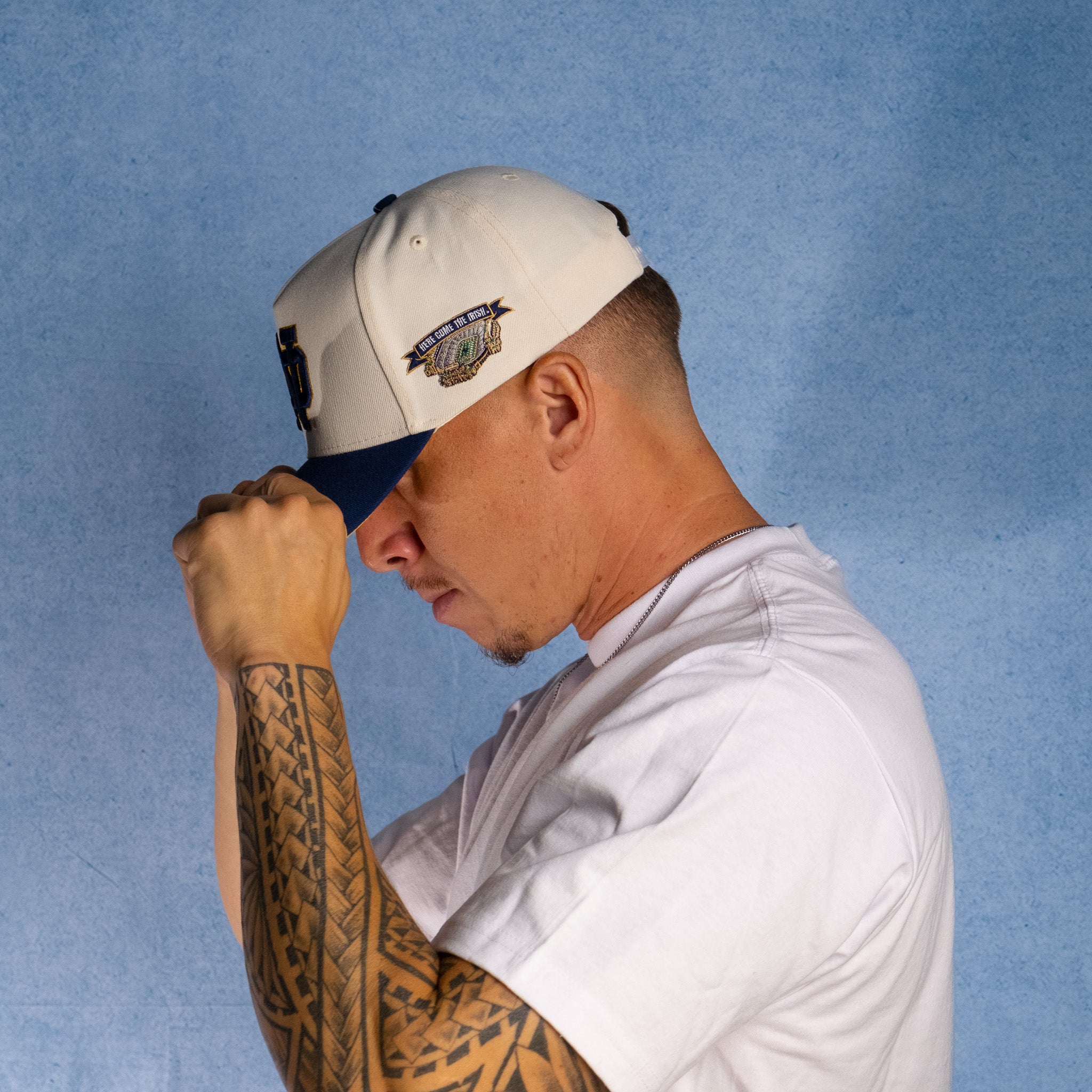 Notre Dame Fighting Irish Hat Cream & Navy Stadium Patch Snapback - On Model Lifestyle