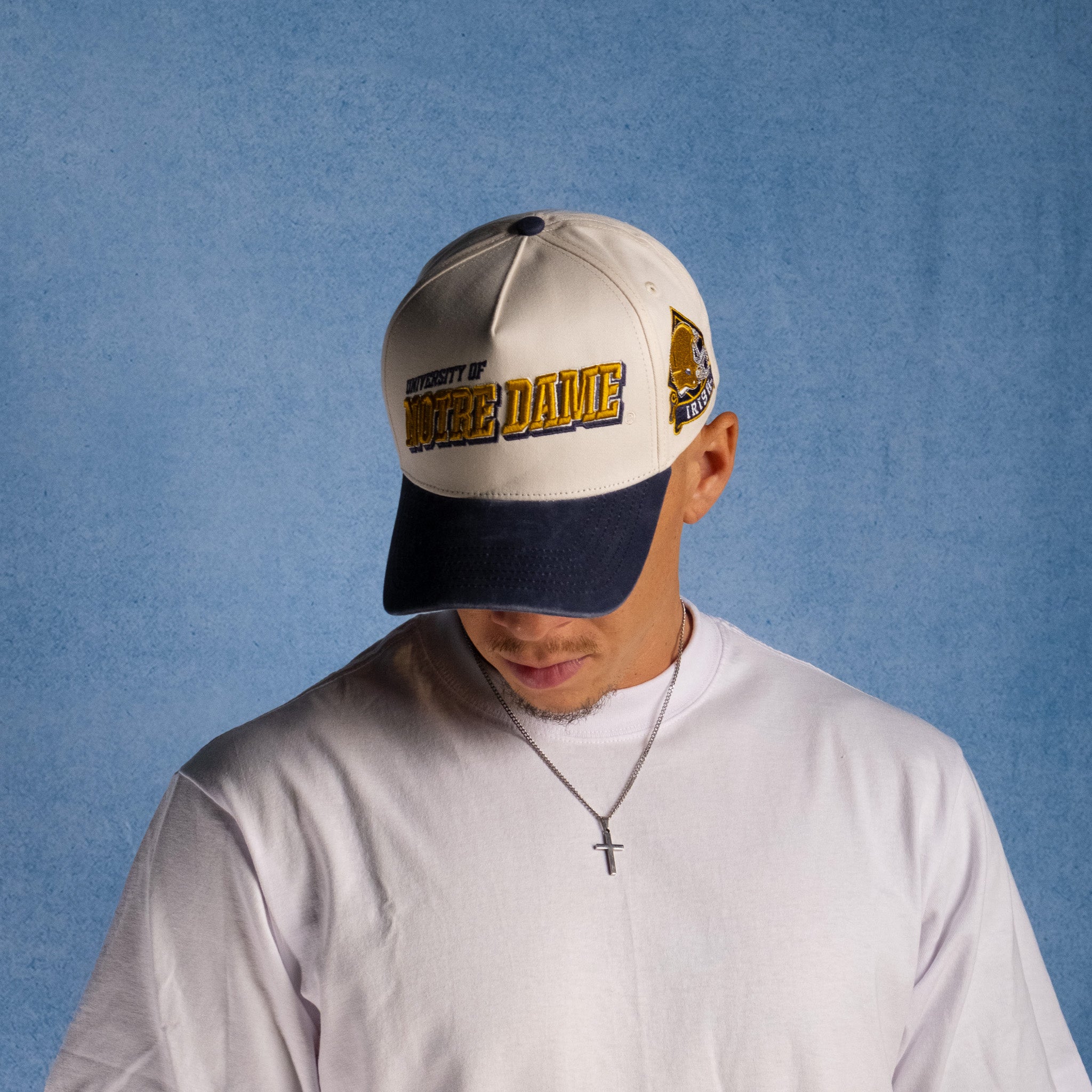 Notre Dame Fighting Irish Hat Cream & Navy Sun Fade Snapback - On Model Lifestyle