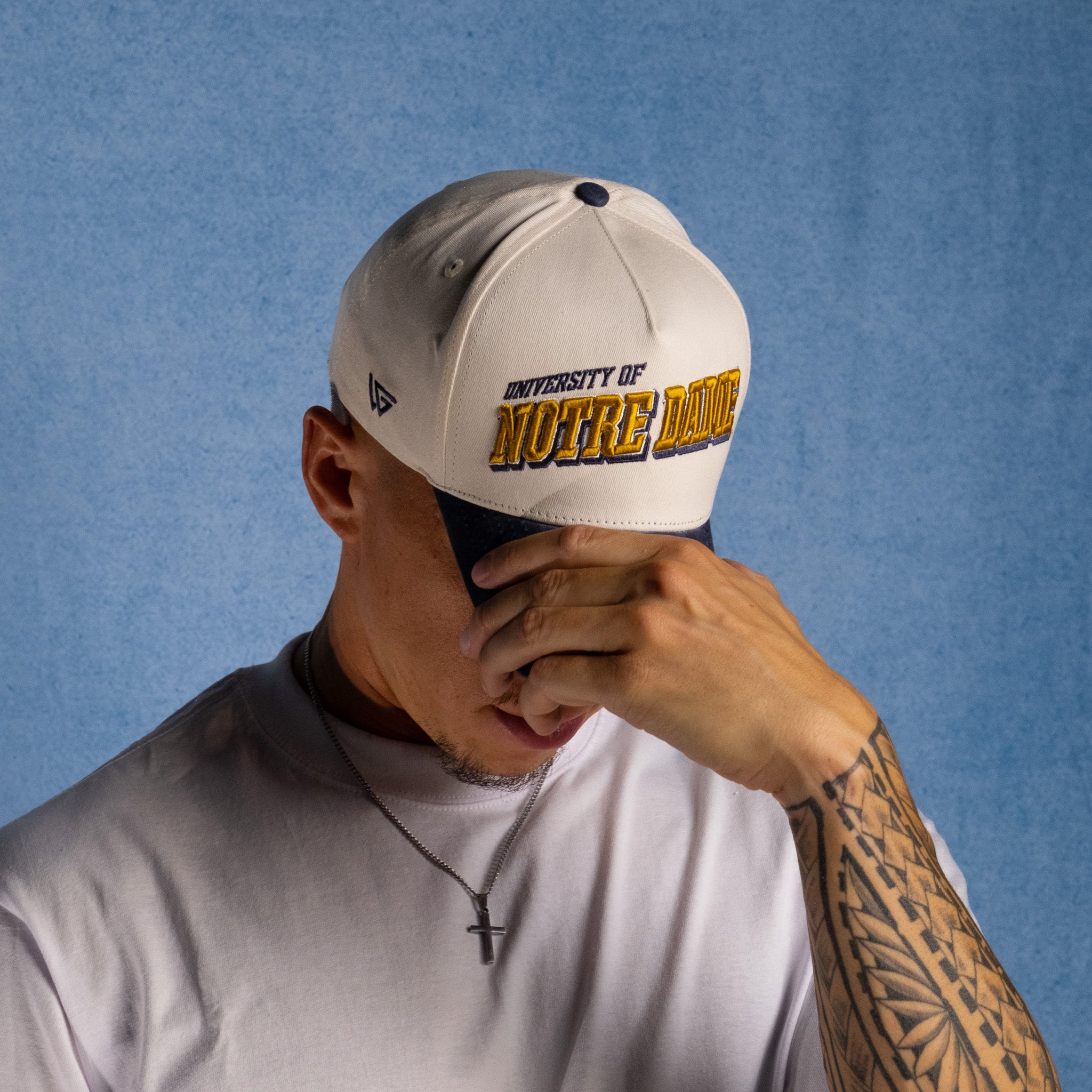Notre Dame Fighting Irish Hat Cream & Navy Sun Fade Snapback - On Model Lifestyle