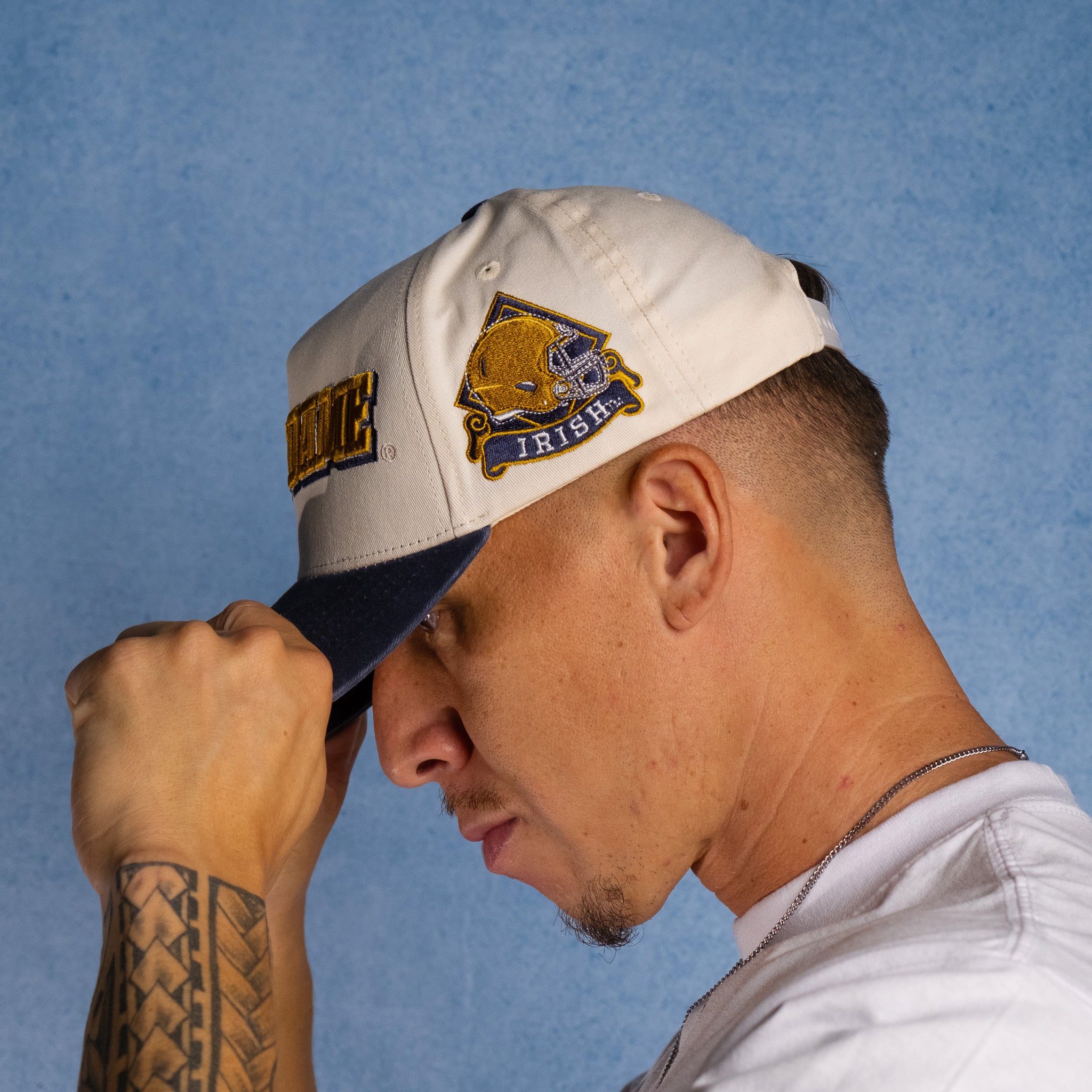 Notre Dame Fighting Irish Hat Cream & Navy Sun Fade Snapback - On Model Lifestyle