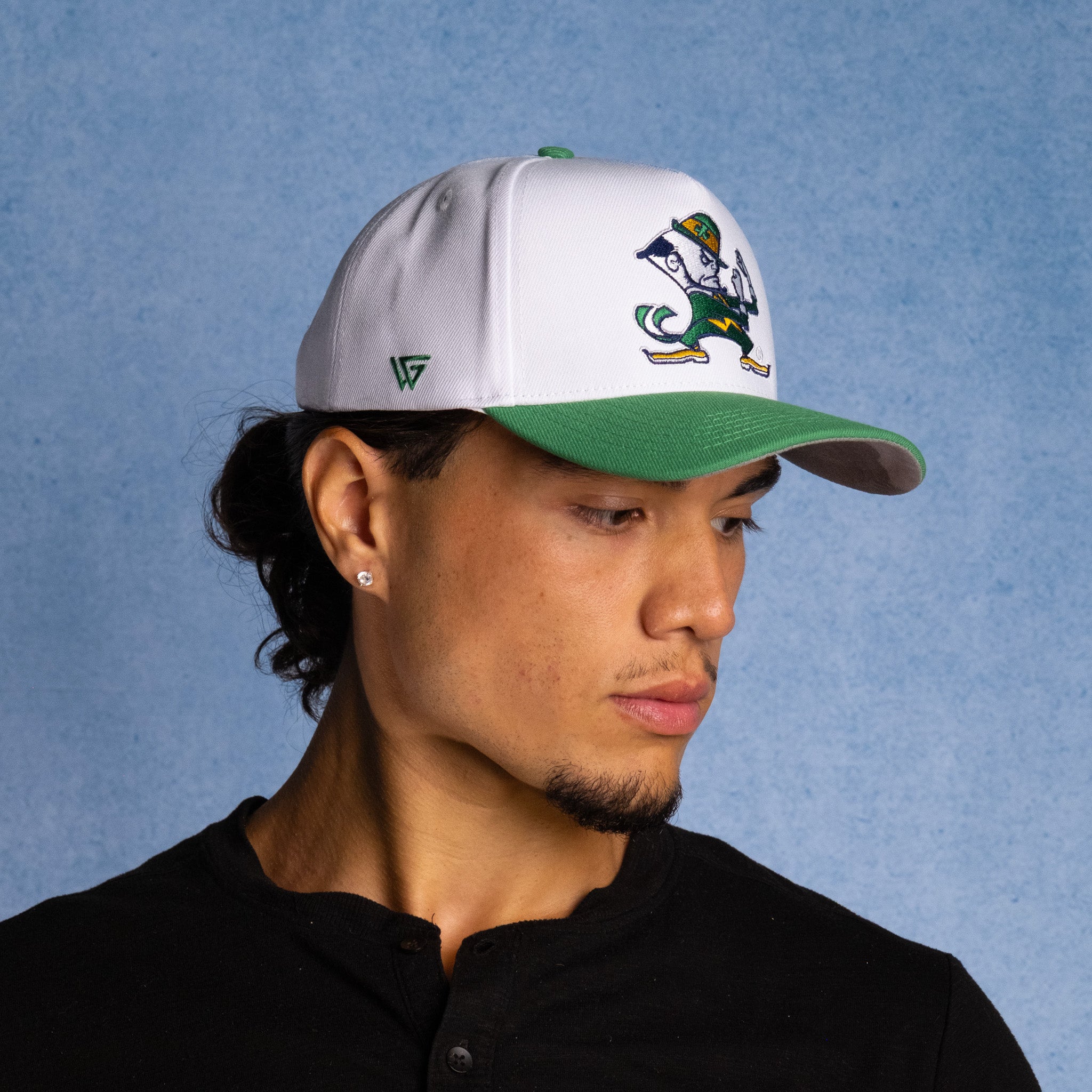 Notre Dame Fighting Irish Hat White & Green Suede Snapback - On Model Lifestyle C