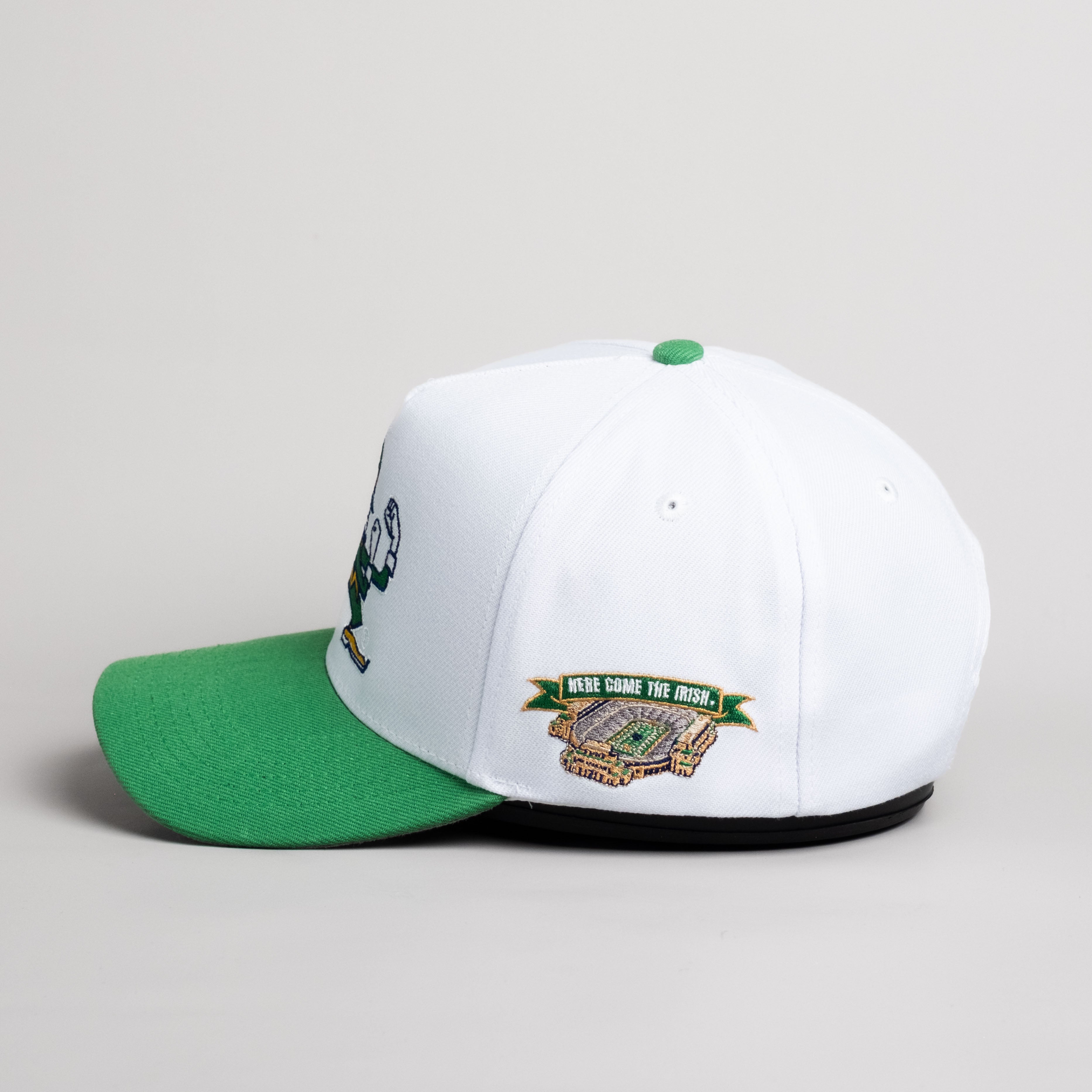 Notre Dame Fighting Irish Hat White & Green Suede Snapback - Side Stadium