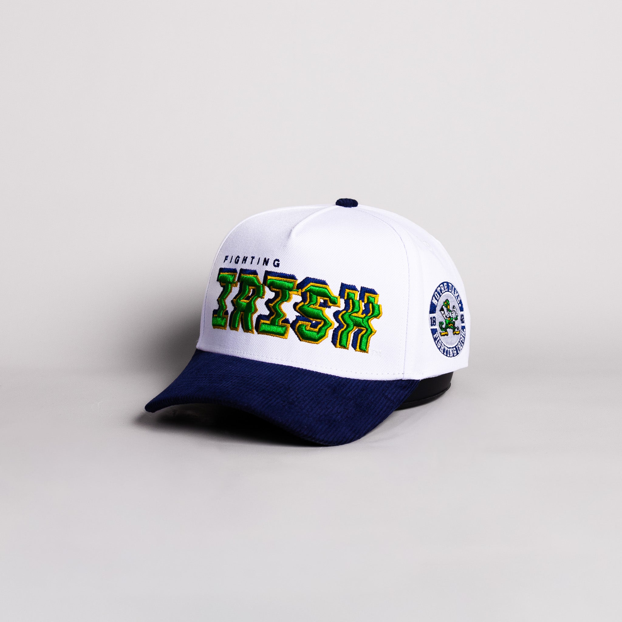 Notre Dame Fighting Irish Hat White & Navy Corduroy Stadium Pulse Snapback - Angled View