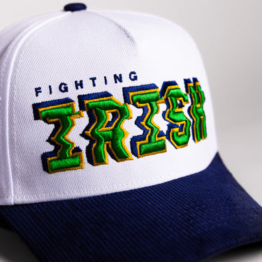 Notre Dame Fighting Irish Hat White & Navy Corduroy Stadium Pulse Snapback - Front Detail