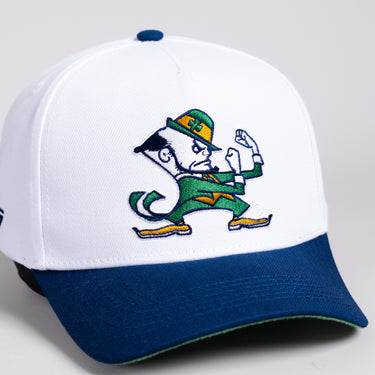 Notre Dame Fighting Irish Hat White & Navy Leprechaun Snapback - Angled View
