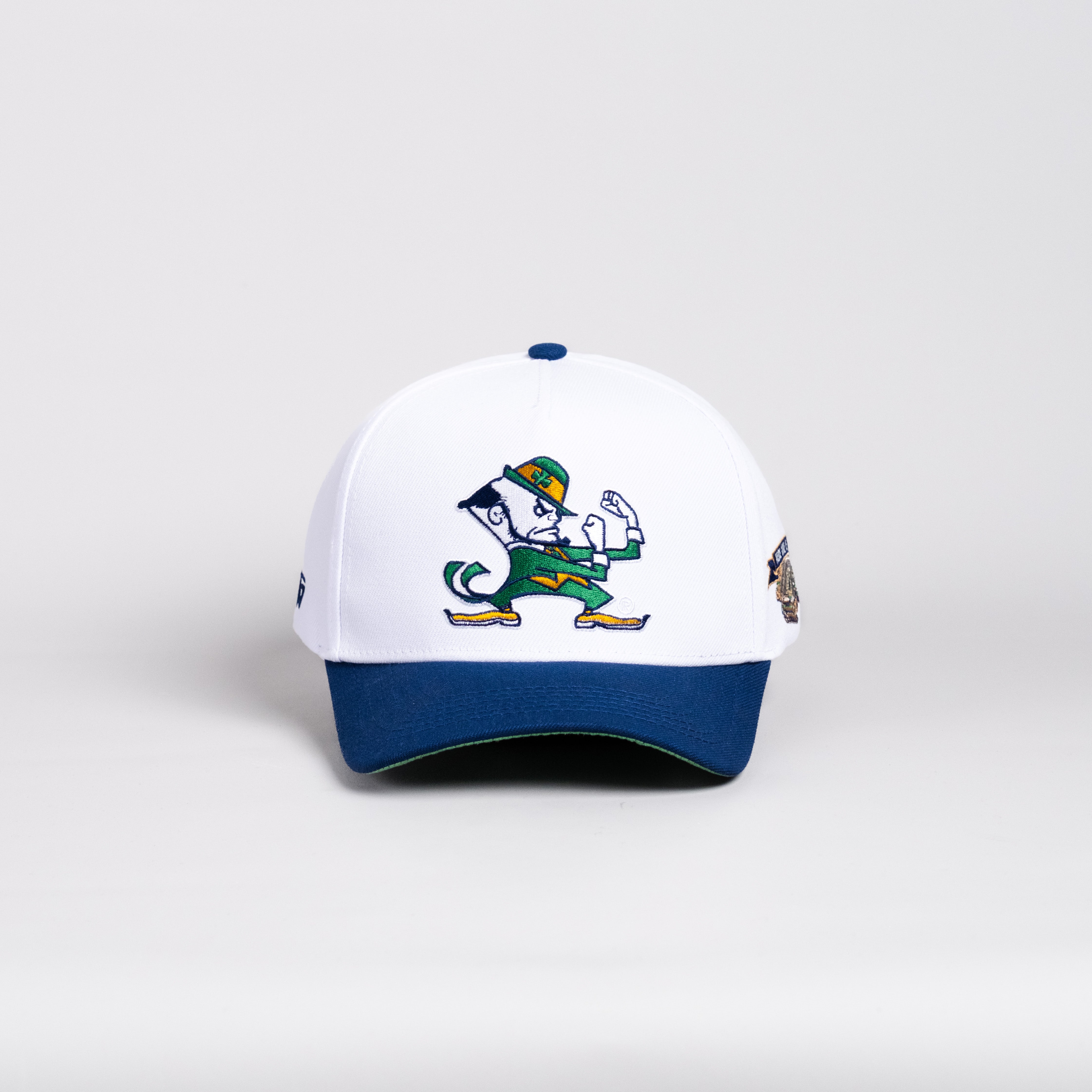 Notre Dame Fighting Irish Hat White & Navy Leprechaun Snapback - Front Panel