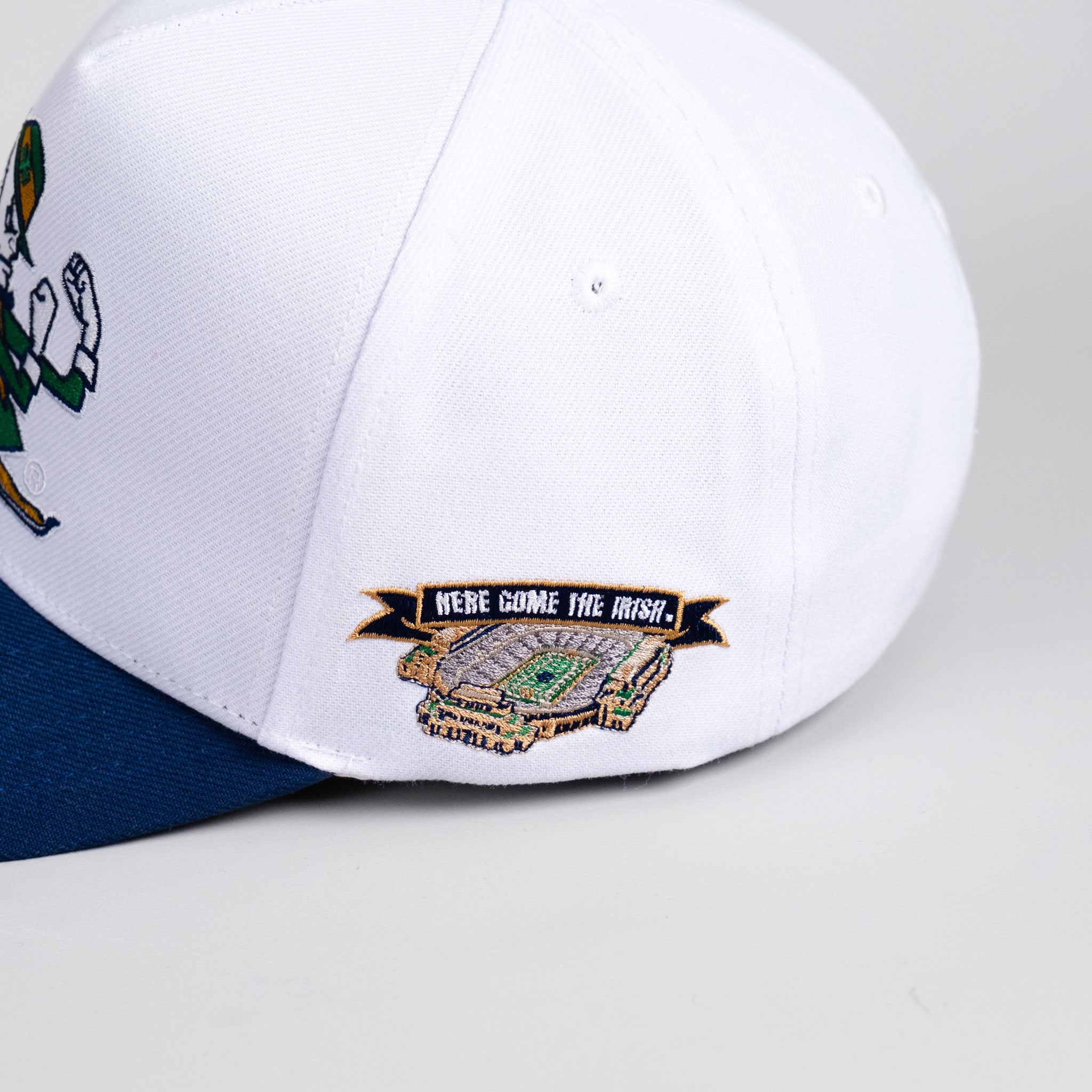 Notre Dame Fighting Irish Hat White & Navy Leprechaun Snapback - Stadium Detail