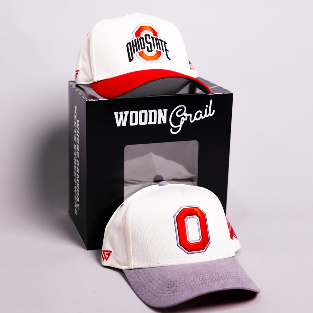 Ohio State Buckeyes 2 Hat Bundle Cream Script & Block O - Angled View