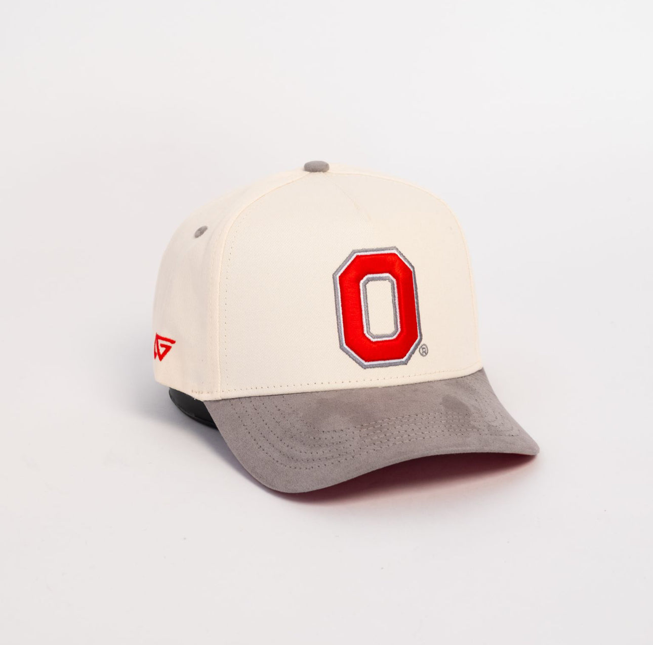 Ohio State Buckeyes Cream and Grey Suede Snapback Hat with Block O Logo - Angled View