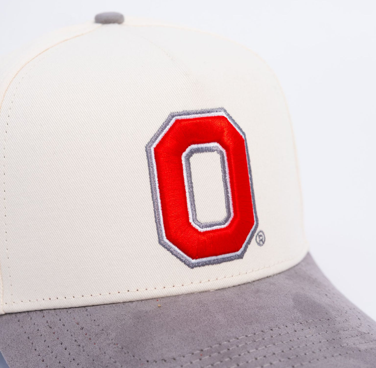 Ohio State Buckeyes Cream and Grey Suede Snapback Hat with Block O Logo - Front Detail