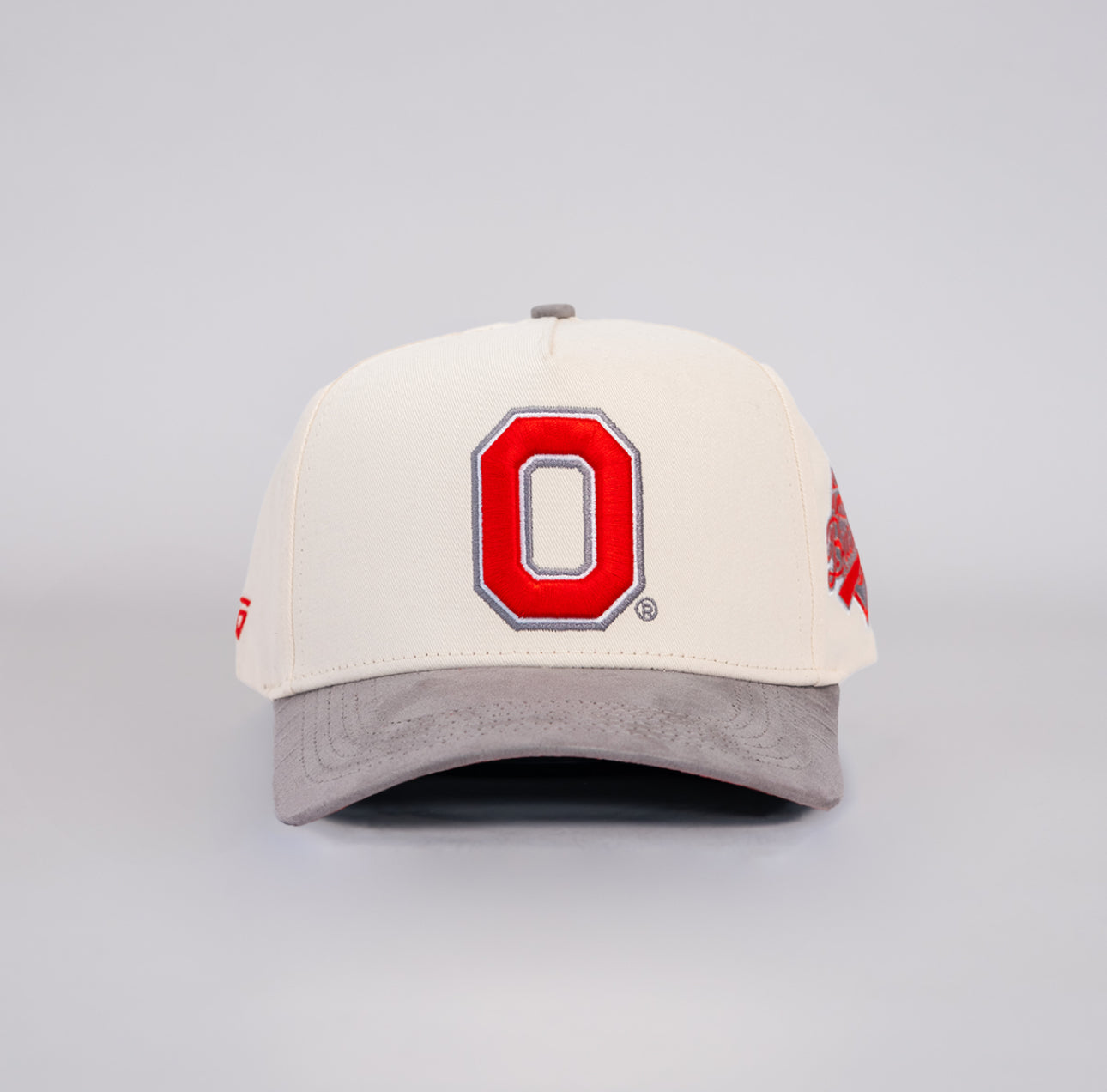 Ohio State Buckeyes Cream and Grey Suede Snapback Hat with Block O Logo - Front Panel