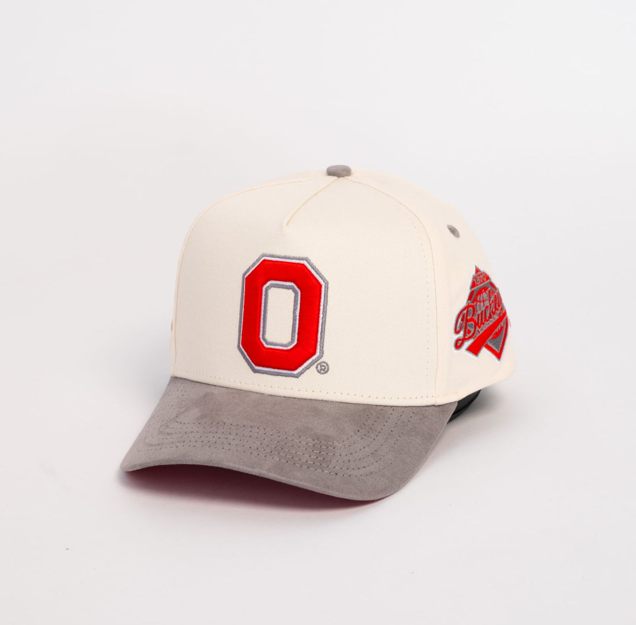 Ohio State Buckeyes Cream and Grey Suede Snapback Hat with Block O Logo - Side Patch