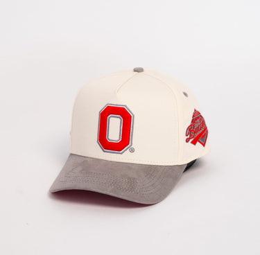 Ohio State Buckeyes Cream and Grey Suede Snapback Hat with Block O Logo - Side Patch