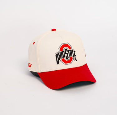 Ohio State Buckeyes Cream and Scarlet Snapback Hat with Horseshoe Stadium Patch - Angled View