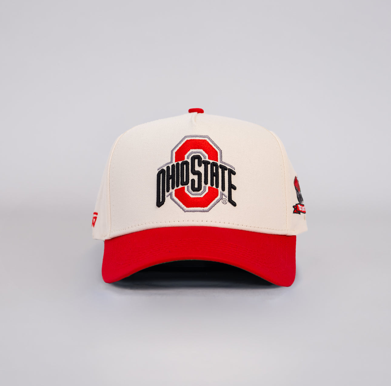 Ohio State Buckeyes Cream and Scarlet Snapback Hat with Horseshoe Stadium Patch - Front Panel