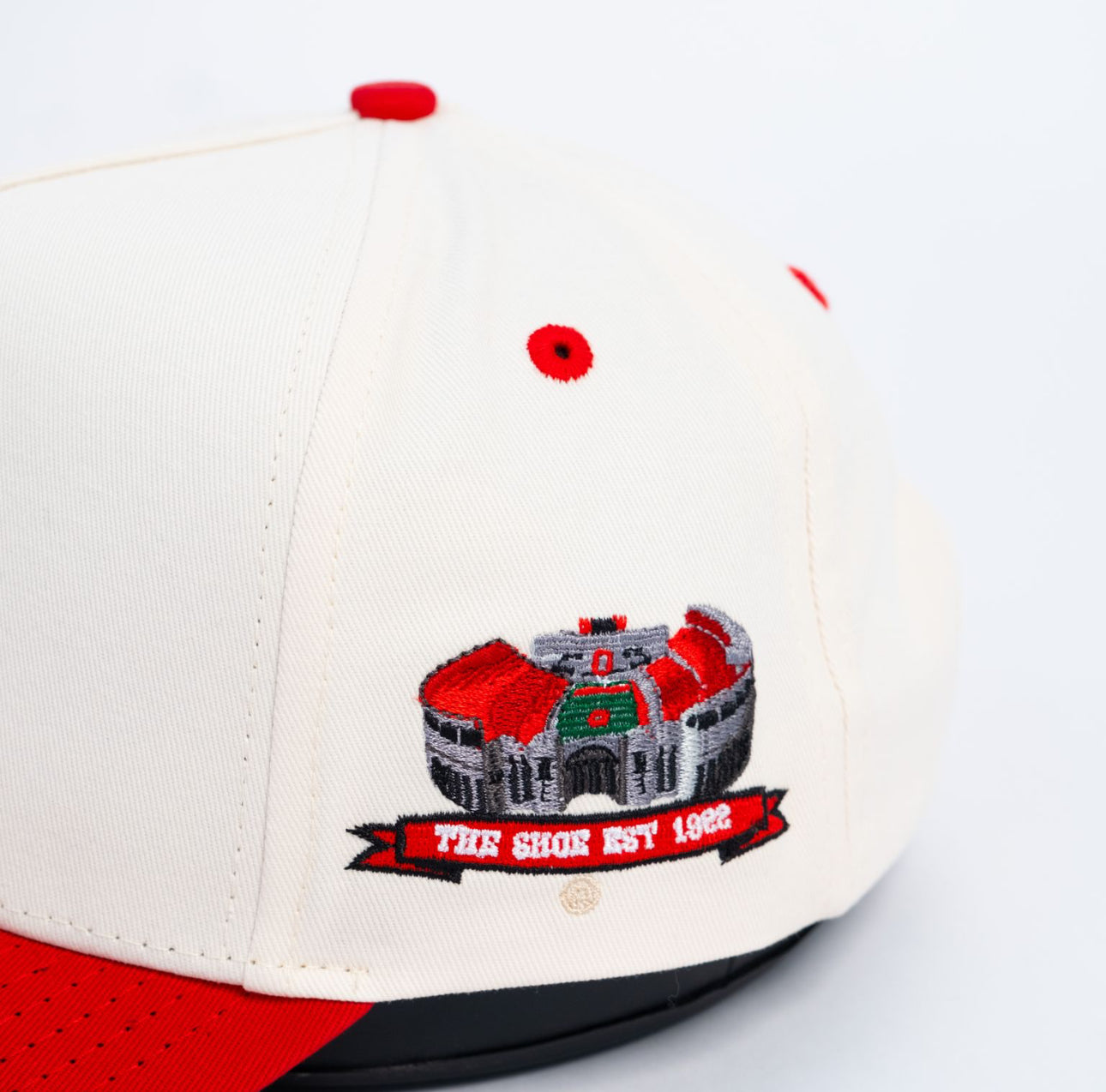 Ohio State Buckeyes Cream and Scarlet Snapback Hat with Horseshoe Stadium Patch - Stadium Detail