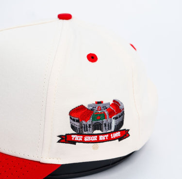 Ohio State Buckeyes Cream and Scarlet Snapback Hat with Horseshoe Stadium Patch - Stadium Detail