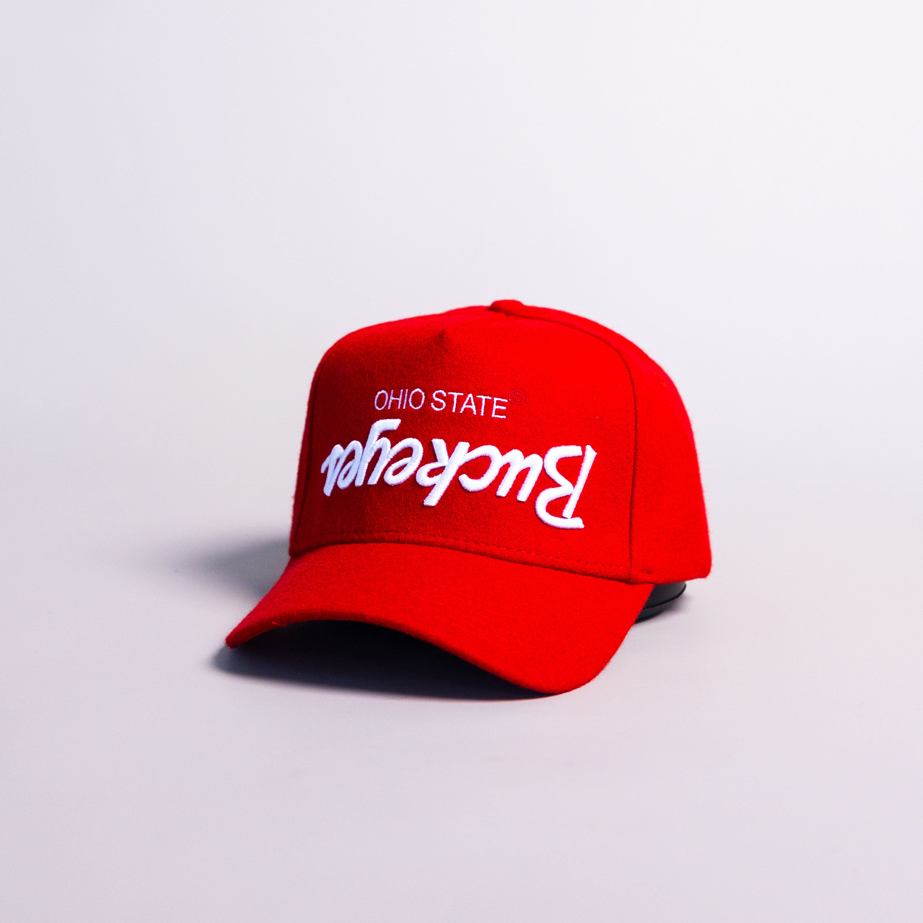 Ohio State Buckeyes Flipped Script Hat Red Wool Block O Patch Snapback - Angled View