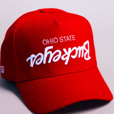 Ohio State Buckeyes Flipped Script Hat Red Wool Block O Patch Snapback - Front Detail