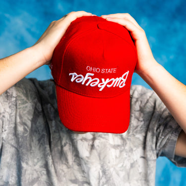 Ohio State Buckeyes Flipped Script Hat Red Wool Block O Patch Snapback - On Model Held Lifestyle