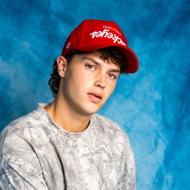 Ohio State Buckeyes Flipped Script Hat Red Wool Block O Patch Snapback - On Model Lifestyle