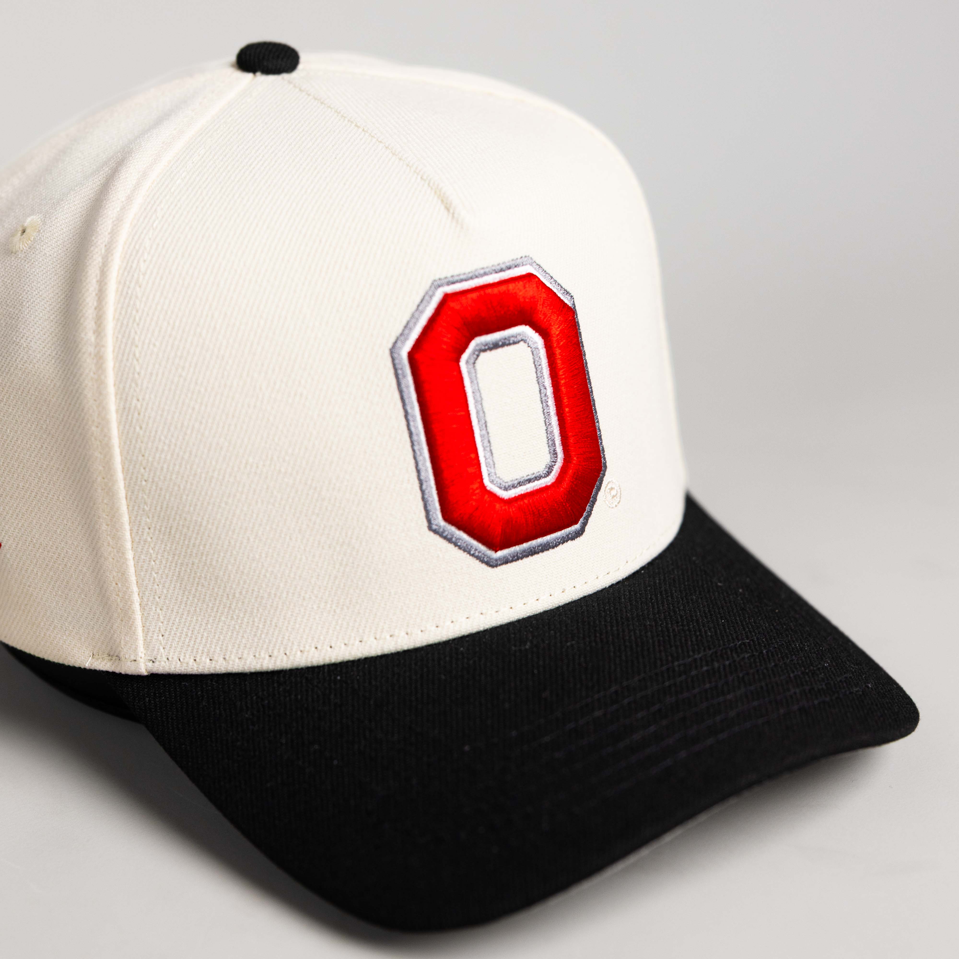 Ohio State Buckeyes Hat Cream & Black Block O Stadium Snapback - Angled View