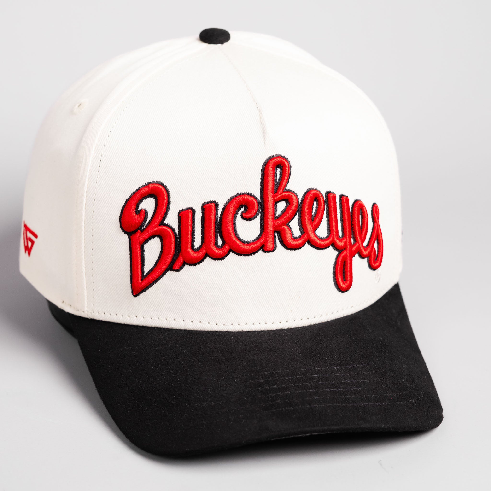 Ohio State Buckeyes Hat Cream & Black Brutus Patch Snapback - Angled View